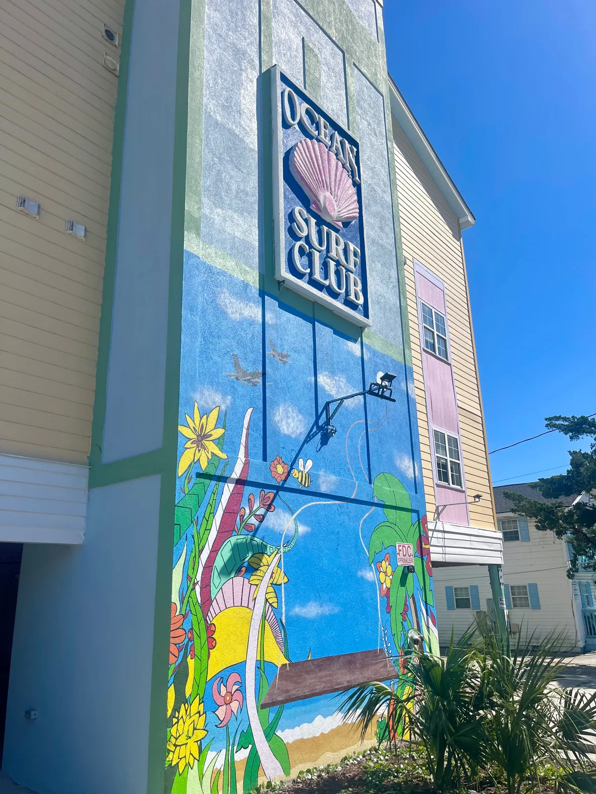 This exterior scene features the Ocean Surf Club sign, a vibrant mural, and a swing mounted on the wall. The mood is cheerful and relaxed, evoking a sense of beachside fun and community engagement. The image hints at sunset views and the club’s active connection to surf culture and local events.