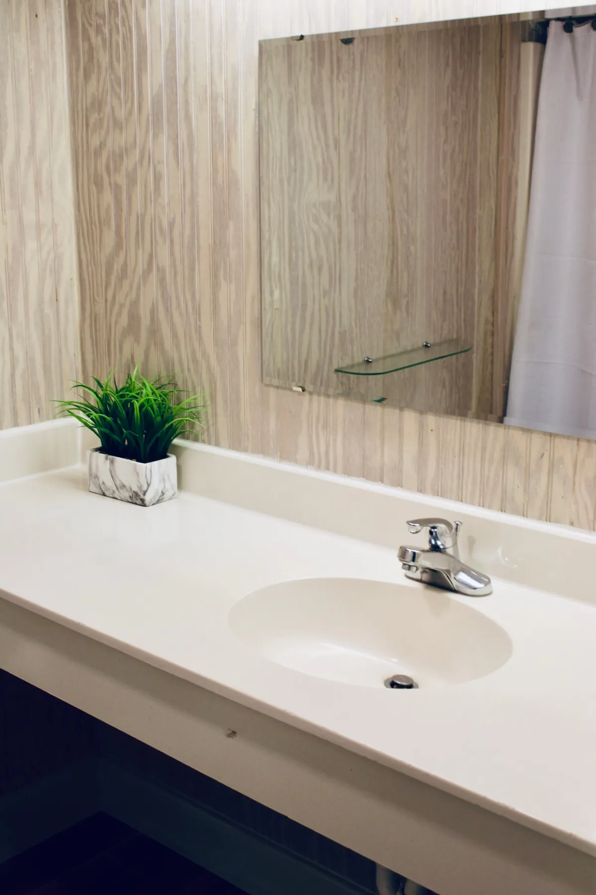This image features a clean and inviting bathroom interior, with a focus on the sink, mirror, and a decorative potted plant on the counter. The fixtures are modern and functional, and natural light highlights the fresh, serene atmosphere. The uncluttered, well-lit space visually communicates a perfect setting for personal grooming and relaxing self-care routines.